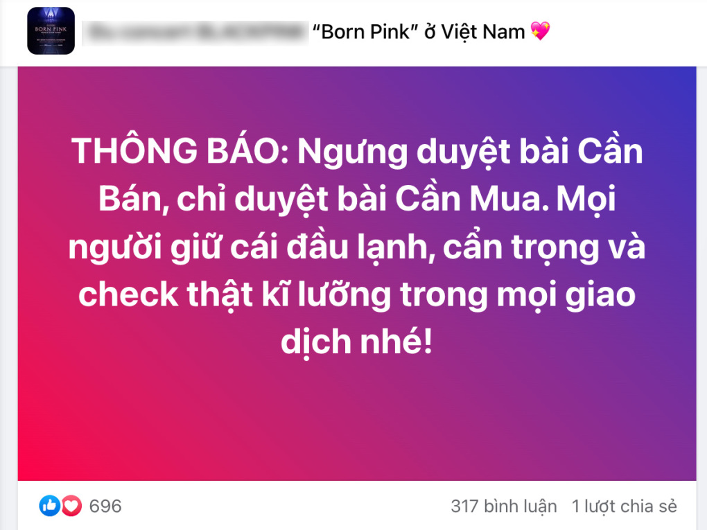 Thông tin cảnh báo khi mua lại vé trên một group trên Facebook. Ảnh chụp màn hình