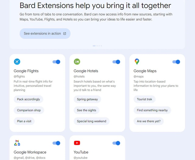 Người dùng có thể lựa chọn cho phép Bard truy cập các dịch vụ nào của Google