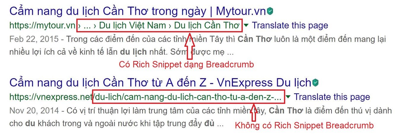 Breadcrumb có và không sử dụng cùng Rich Snippet