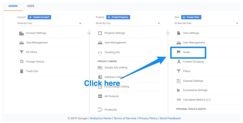 Google Analytics là gì? Cách cài đặt và sử dụng Google Analytics 9 tim-den-muc-admin-va-chon-goals-o-cot-view