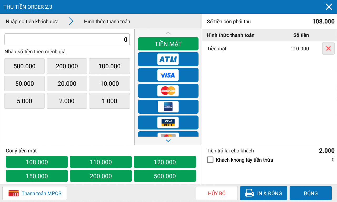Giao diện thanh toán Quick service