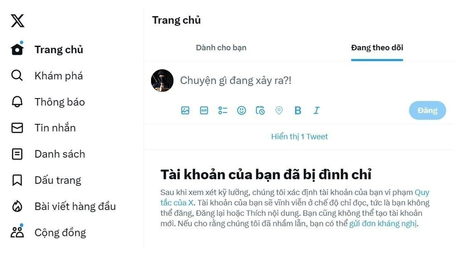 Một tài khoản vi phạm quy định của mạng xã hội X