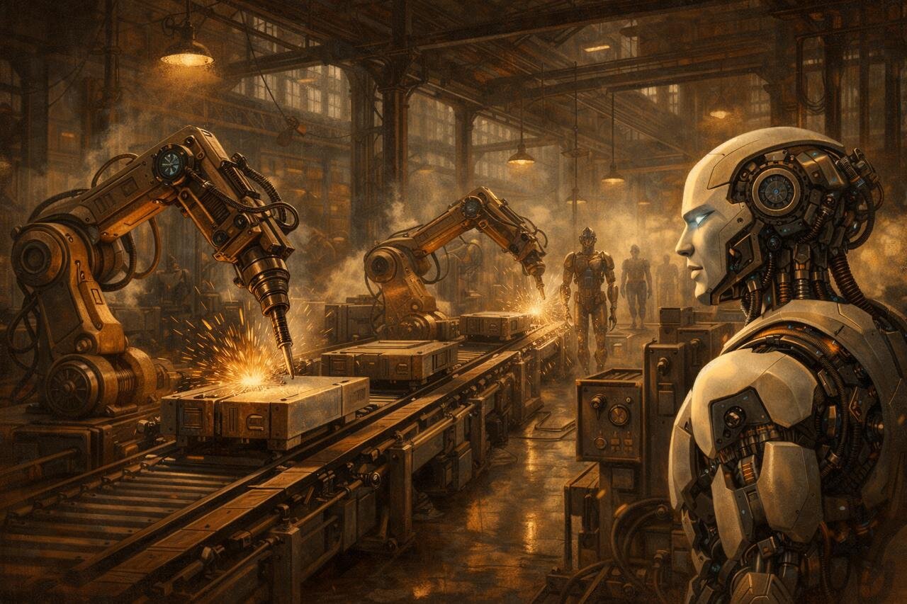 Robot công nghiệp tích hợp AI trong nhà máy sản xuất